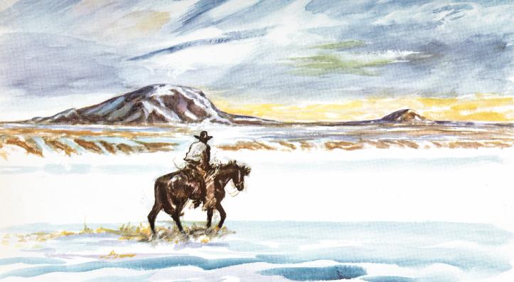 Watercolor illustration of lone cowboy riding through barren winter landscape is by Ross Santee.