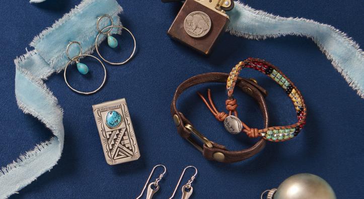 Southwestern themed gift items include earrings, a Buffalo Nickel lighter and a turquoise and silver money clip.