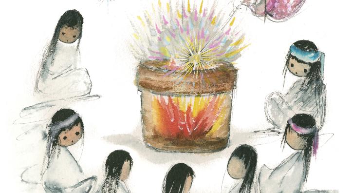 Painting of children sitting around a fire lit by an angel is by Ted DeGrazia.