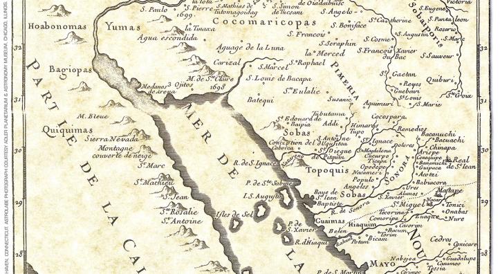 A 16th century map of the areas surrounding the Gulf of California.