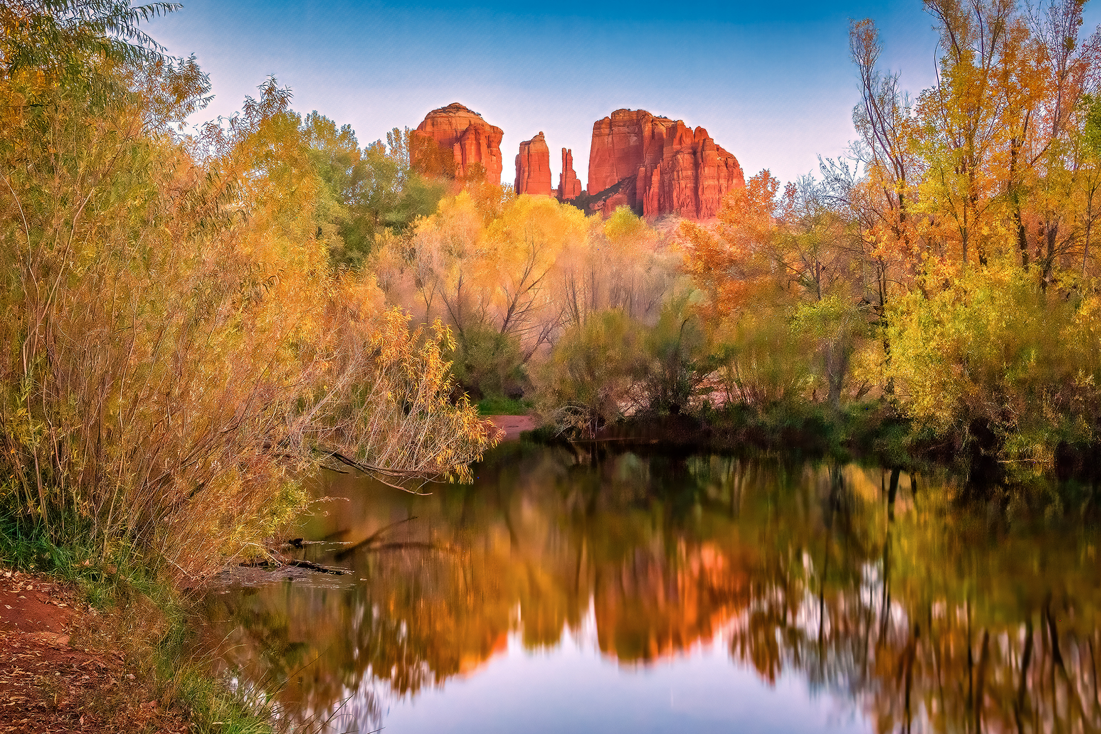 Photo by Susie Reed  |  Fall’s golden hues framed Cathedral Rock as I photographed it on this crisp fall afternoon. Timing is everything!