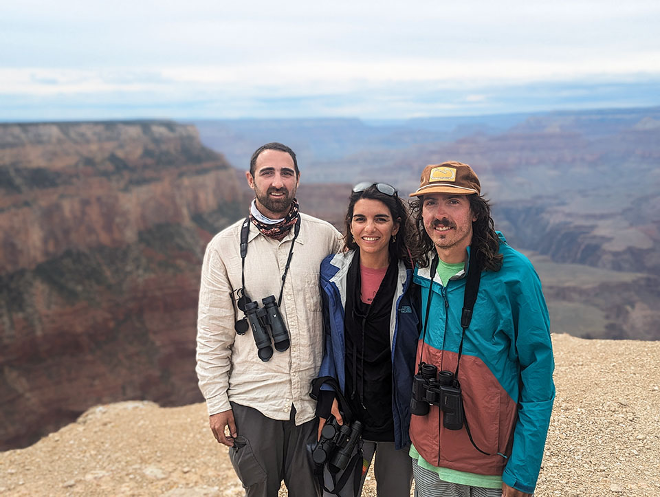 From left, Andrew Bechdel, Tamara Russo and Josh O’Connor staffed the Yaki Point observation station for HawkWatch International in 2023.  Photo: Jesse Watson/HawkWatch International