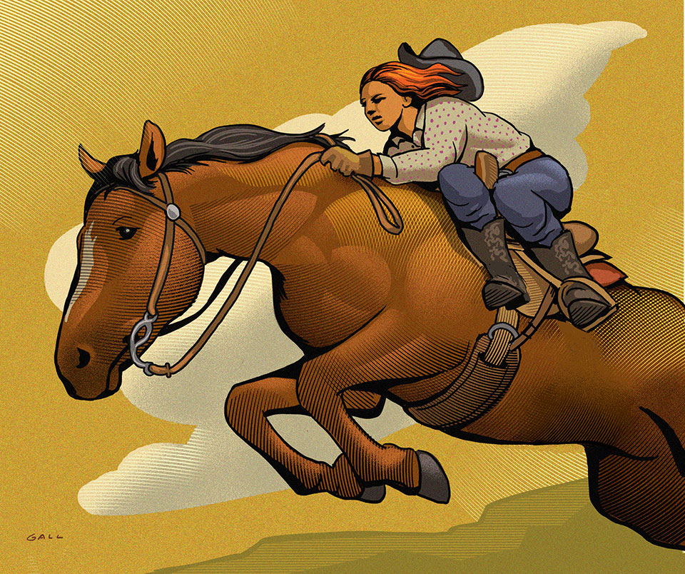 Illustration by Chris Gall of cowgirl riding a jumping horse.