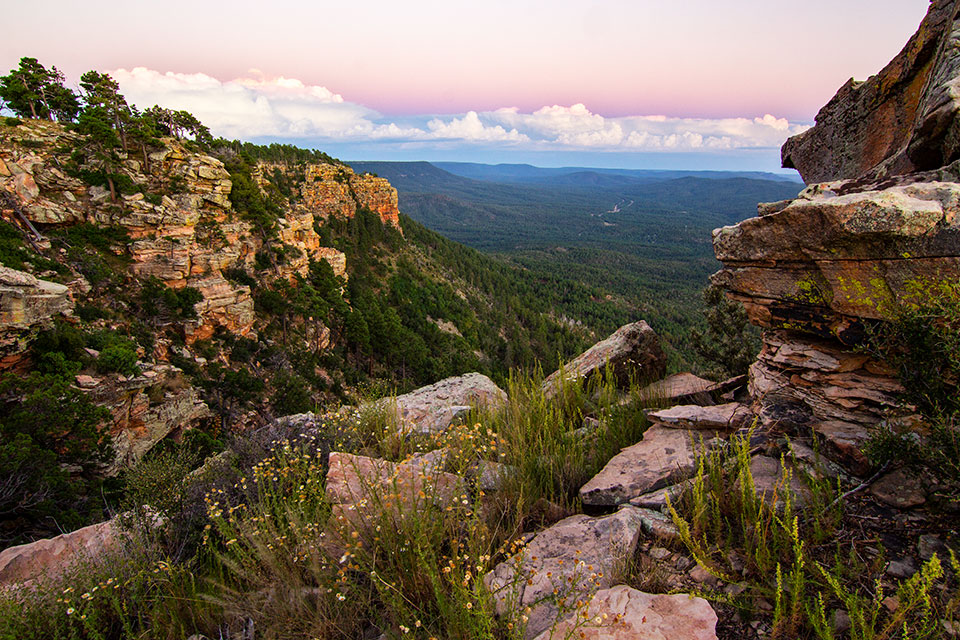 At sunset, an overlook along Forest Road 300 offers an expansive view of the pine-filled landscape below the Mogollon Rim. Photograph by Joel Hazelton.