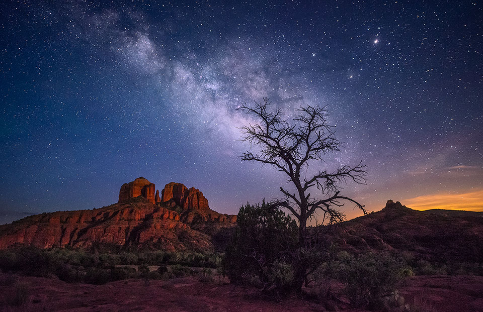 A leafless tree obscures part of the Milky Way over Cathedral Rock, the best-known sandstone landmark in the Sedona area. The Milky Way is believed to contain as many as 400 billion stars and at least that many planets. By Shane McDermott