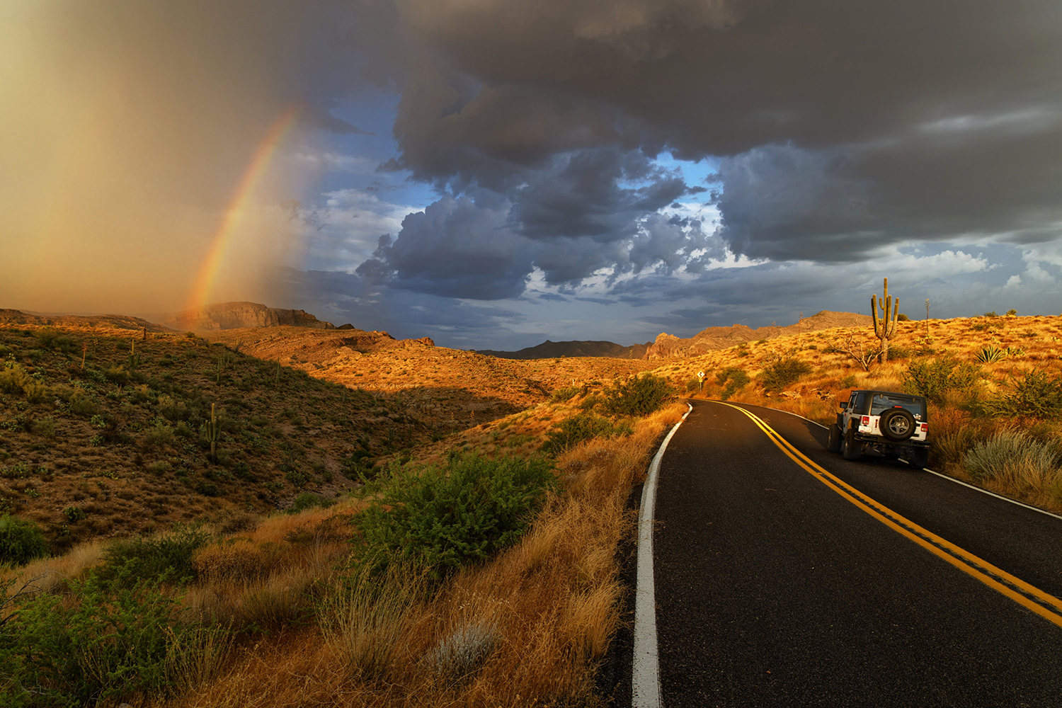 Sunset light bathes the Apache Trail as a monsoon storm rolls over the Superstition Mountains. By Andrei Stoica