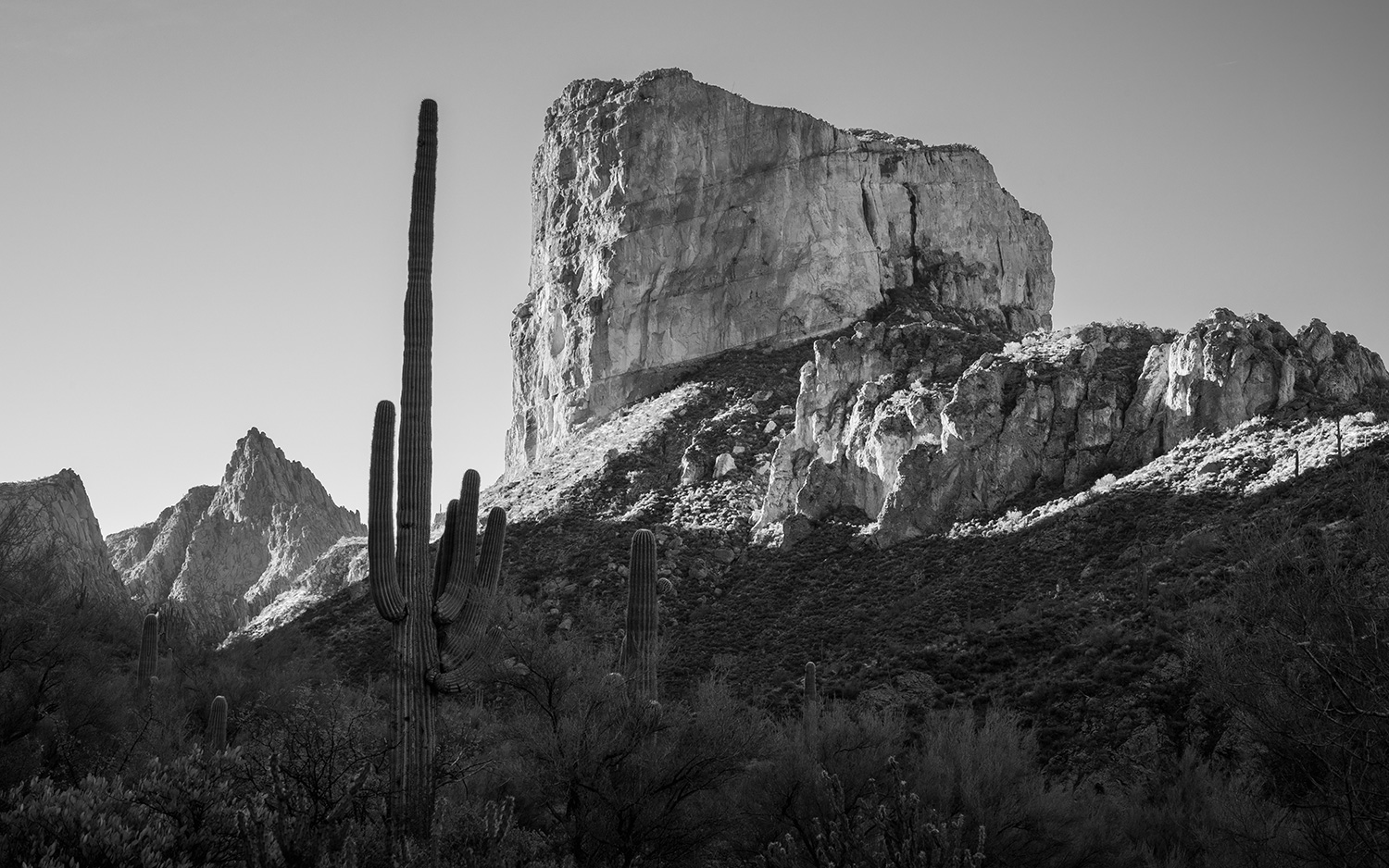 Black and White Wednesday: Battleship Mountain rises from Boulder Canyon on a clear morning in the Superstition Wilderness. By Eric Mischke