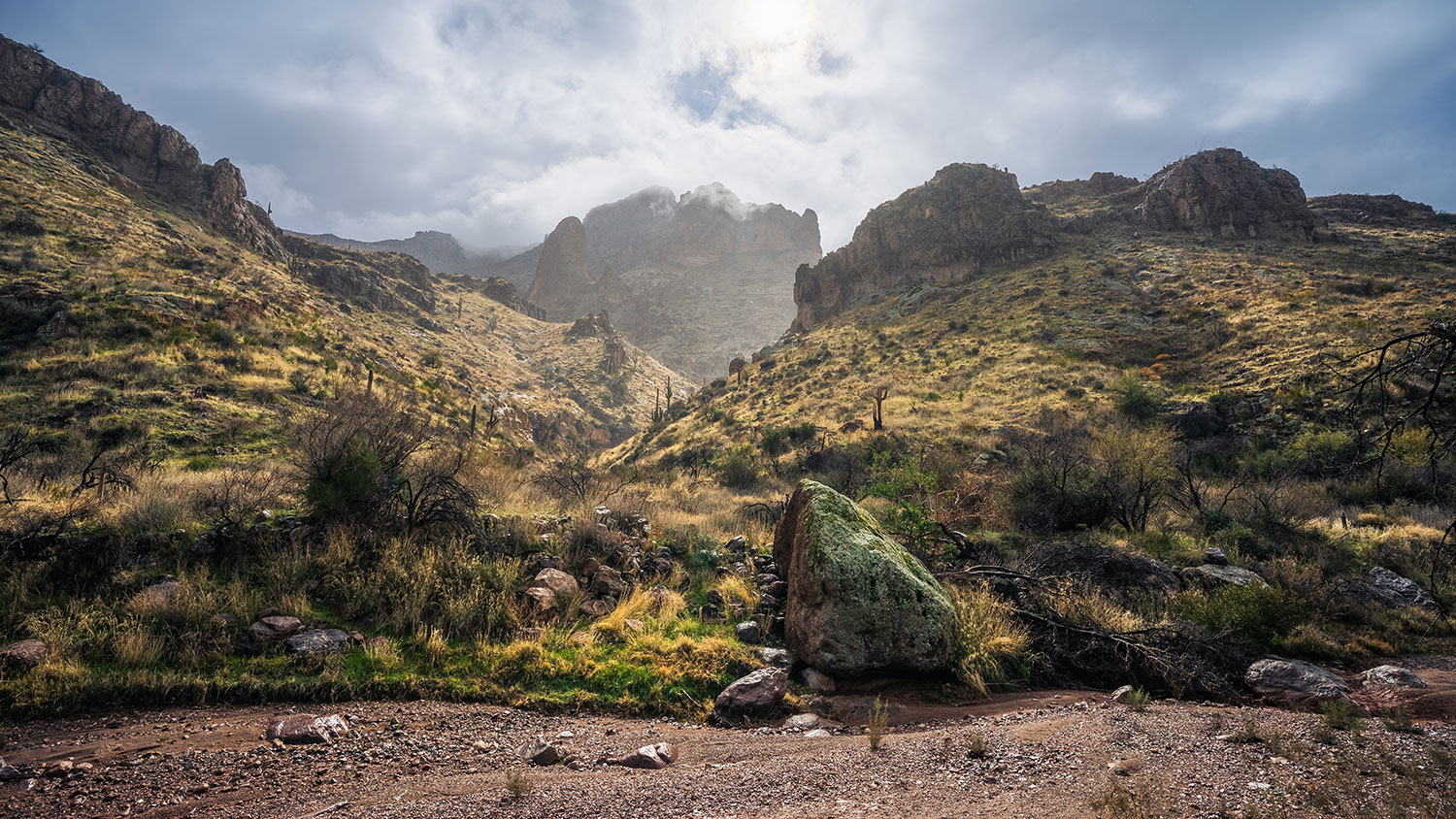 A massive boulder punctuates a misty view of Picketpost Mountain from a wash in Arnett Canyon. By Eric Mischke