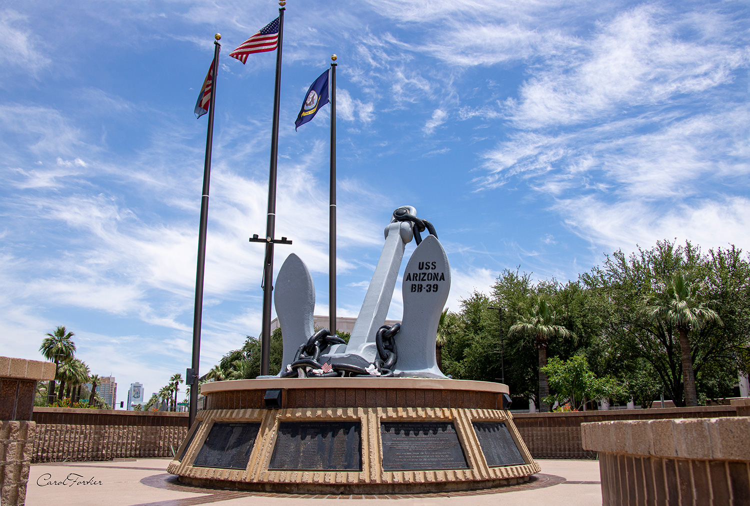 The anchor from the USS Arizona, sunk on December 7, 1941, adorns a Phoenix me-morial plaza. By Carol Fortier