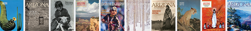 10 Arizona Highways covers from various decades in a single row