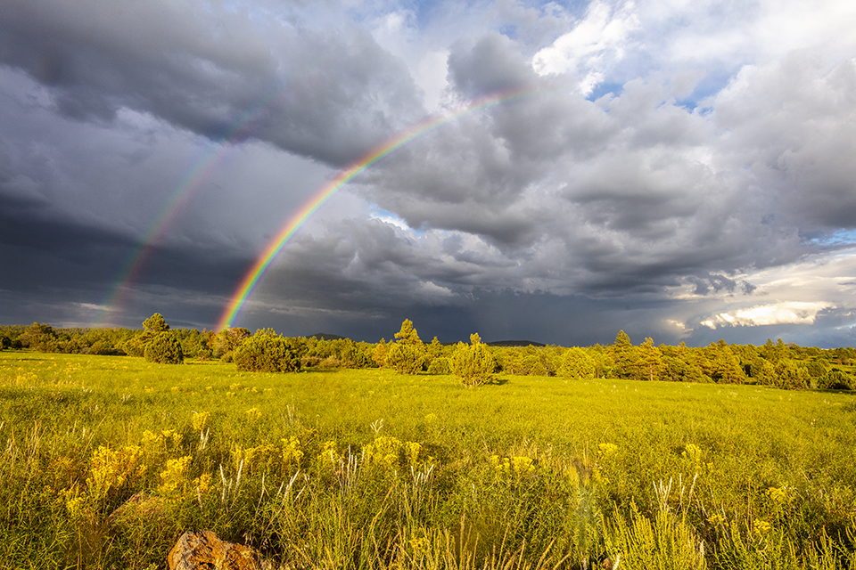 Another double rainbow contrasts with late-afternoon clouds near Stoneman Lake, south of Flagstaff. This photo was made during the summer monsoon, which officially lasts from June 15 to September 30. | Byron Neslen