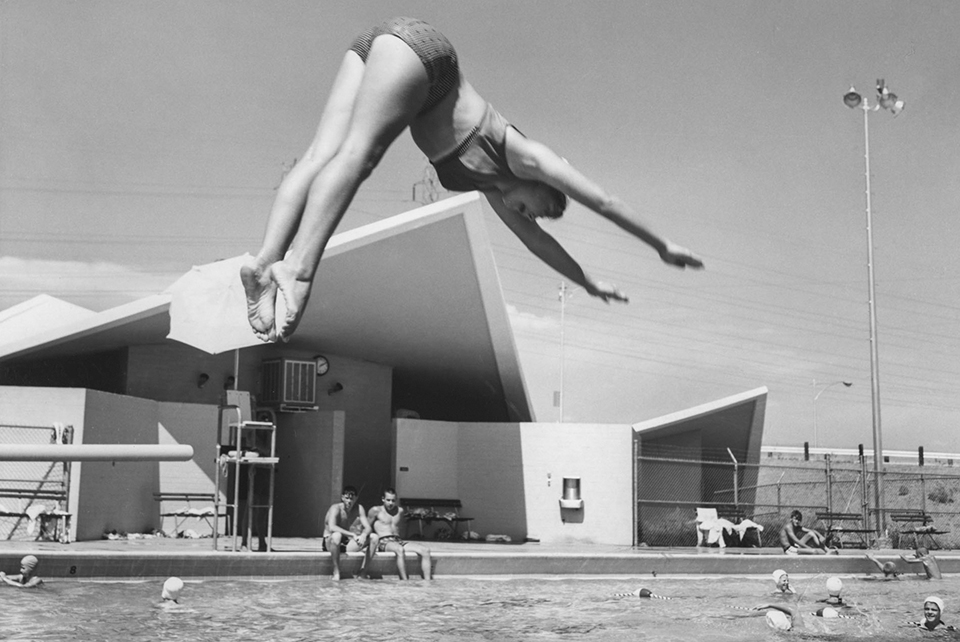 A diver catches some air above the modernized pool, which closed in the 1970s. Later, it was used for art and sculpture installations before being demolished in 1998. | TEMPE HISTORY MUSEUM