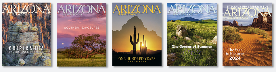 Four front covers of Arizona Highways magazine are shown, depicting various landscapes.