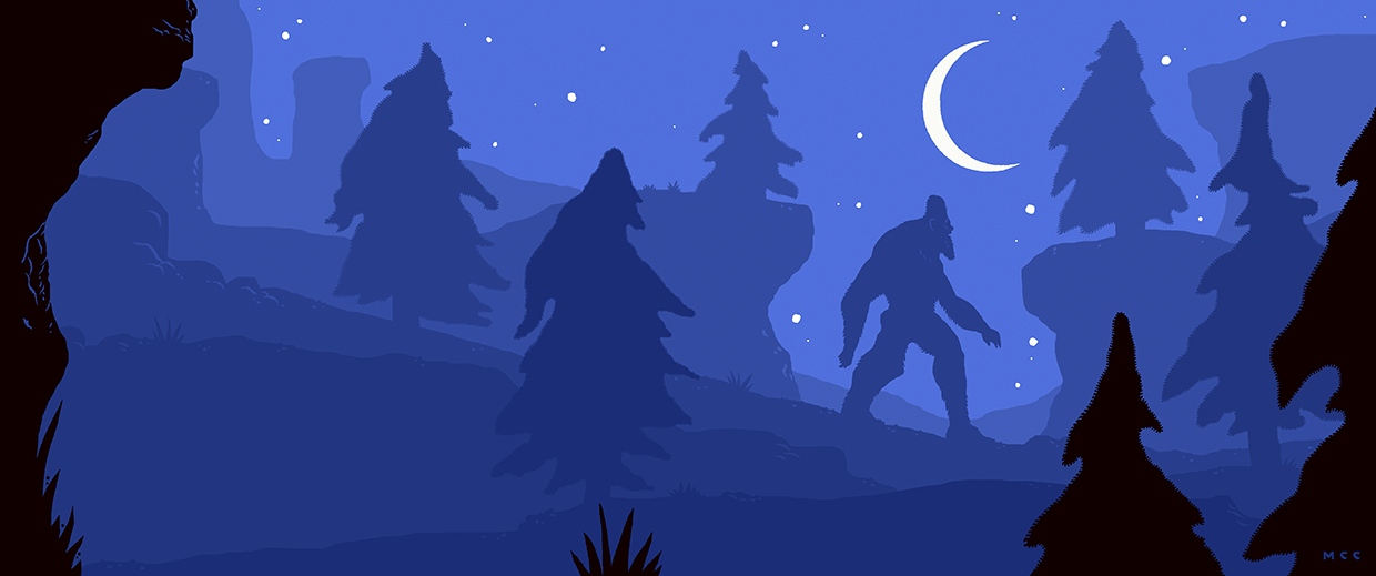 Illustration in shades of blue by Adam McCauley shows a sasquatch walking at night through trees with a similar shape to its body.