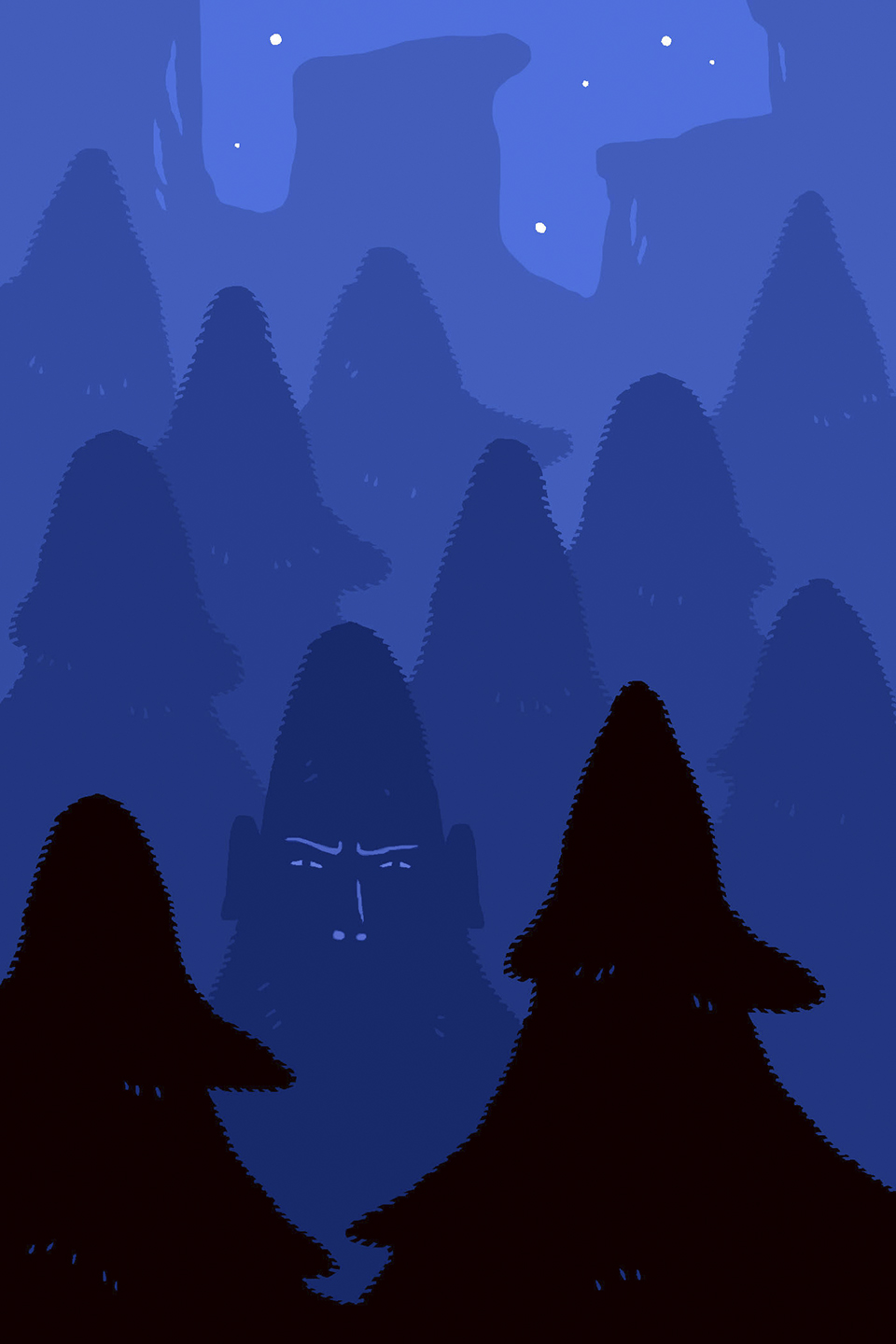 Illustration in shades of blue by Adam McCauley shows a figure with a pointed head among trees with a similar shape.