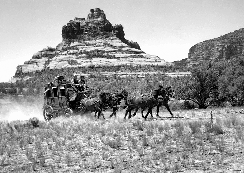 A stagecoach passes Sedona’s Bell Rock in 26 Men, a television series about the Arizona Rangers. The show aired in the late 1950s and ran for 78 episodes over two seasons. By Bob Bradshaw