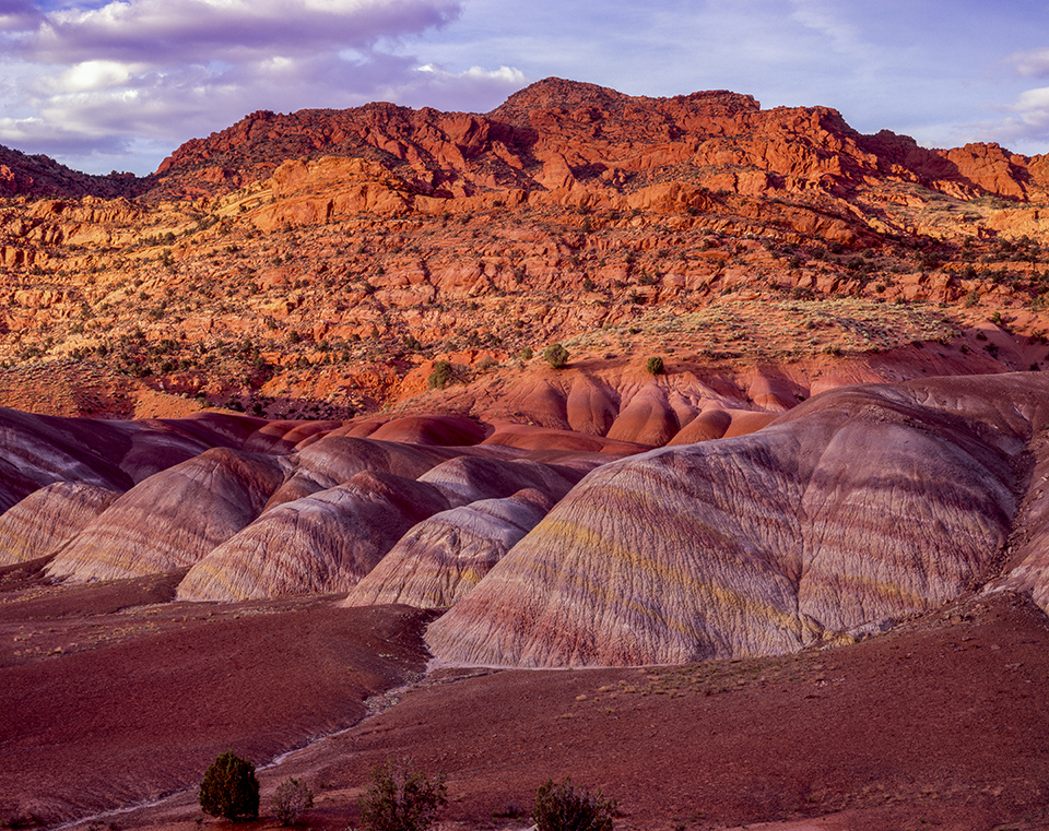 The plateau’s rock layers include the Chinle Formation, which appears here as layered mounds in the Coyote Buttes section of the Vermilion Cliffs. By Gary Ladd