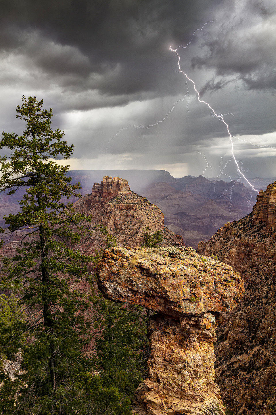 A hoodoo, evergreens, the Canyon’s buttes and a lightning strike form an imposing scene in a view from a little-explored area of the South Rim. Lightning strikes occur at Grand Canyon National Park about 25,000 times per year, according to park officials. By Claire Curran