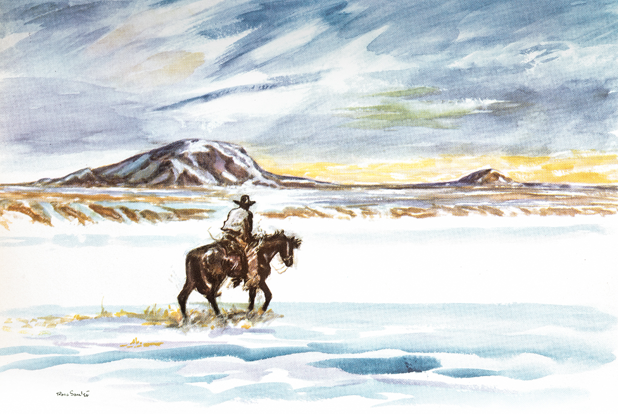 Watercolor illustration of lone cowboy riding through barren winter landscape is by Ross Santee.