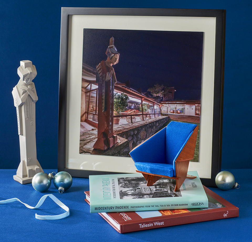 Our Gift Guide also includes A Frank Lloyd Wright Sprite Statue, an Andrew Pielage taliesin West print, a miniature Taliesin West armchair, Mid Century Phoenix coffee table book and another book about Taliesin West. By Rob Ballard