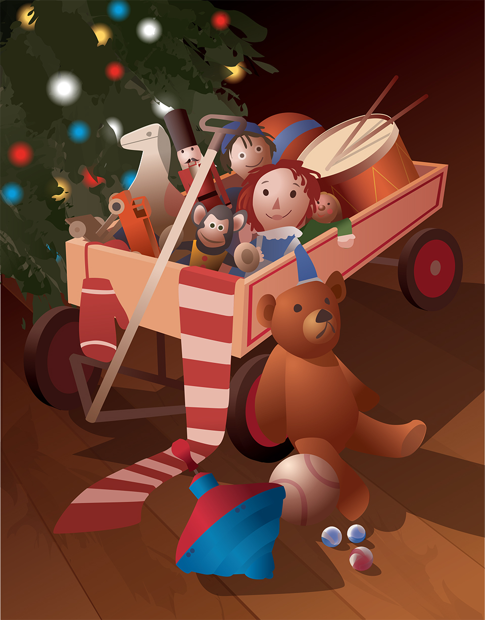 Illustration of a wagon filled with toys next to a decorated Christmas tree is by Kim Johnson.