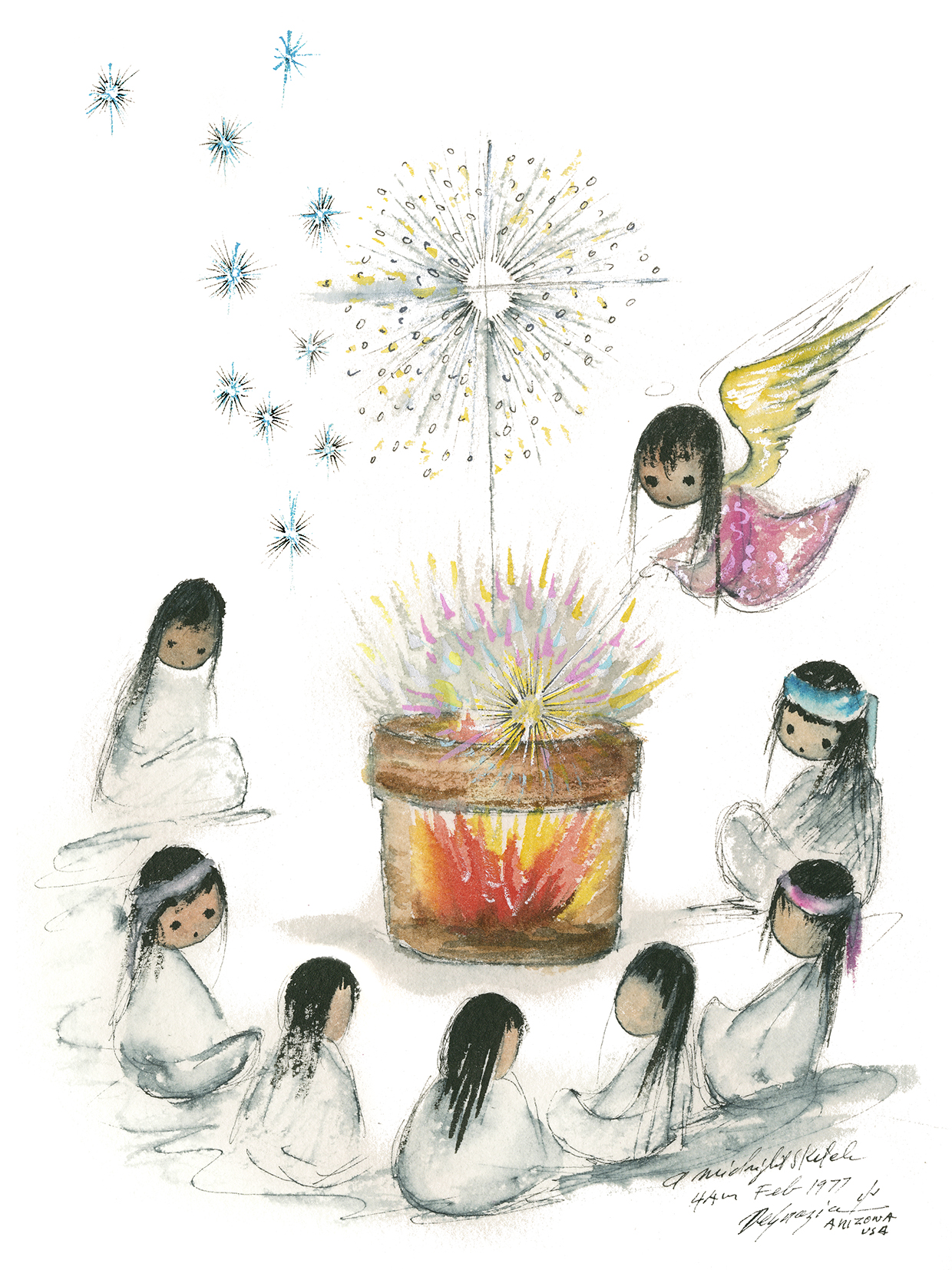 Painting of children sitting around a fire lit by an angel is by Ted DeGrazia.