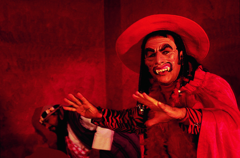 Artist and mash-maker Guerrero fashioned masks for the play including this f earsome image of the devil. | Jeff Kida