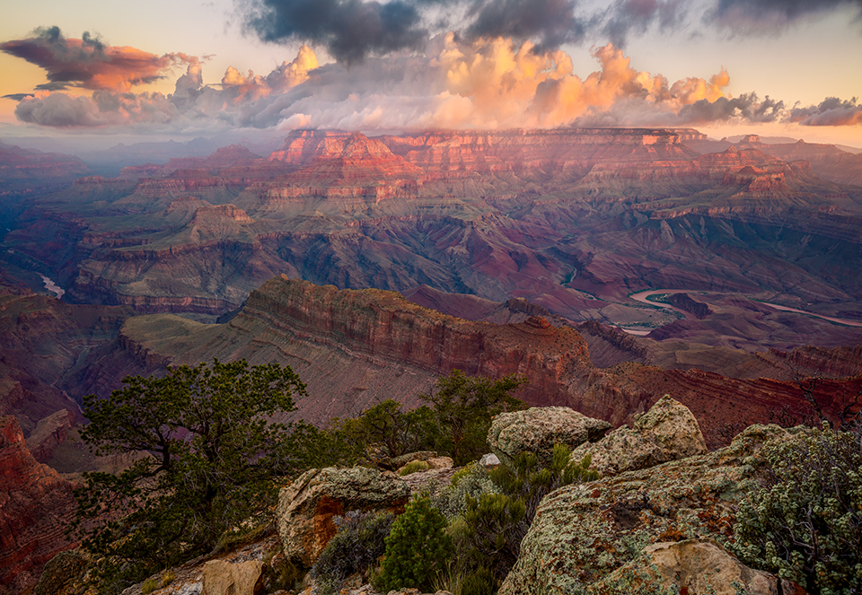 Relatively high humidity lends an ethereal quality to a Canyon panorama at Lipan Point, on the South Rim. Known for its view of the snaking Colorado (and Unkar Delta along the river), Lipan Point is just southwest of the Desert View area. By Adam Schallau