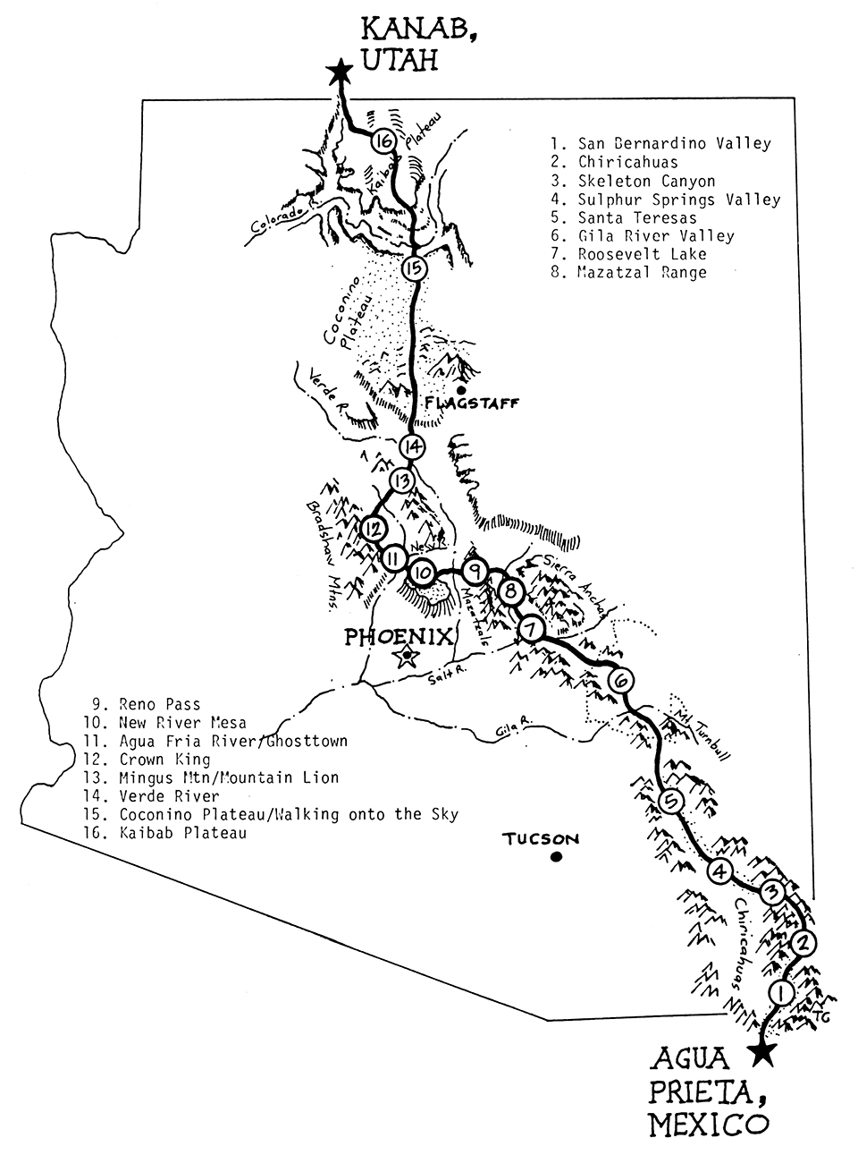The Gillenwaters’ hand-drawn map shows their route across Arizona, which featured many of the state’s most scenic places — some of which are also along the Arizona Trail, completed three decades later.