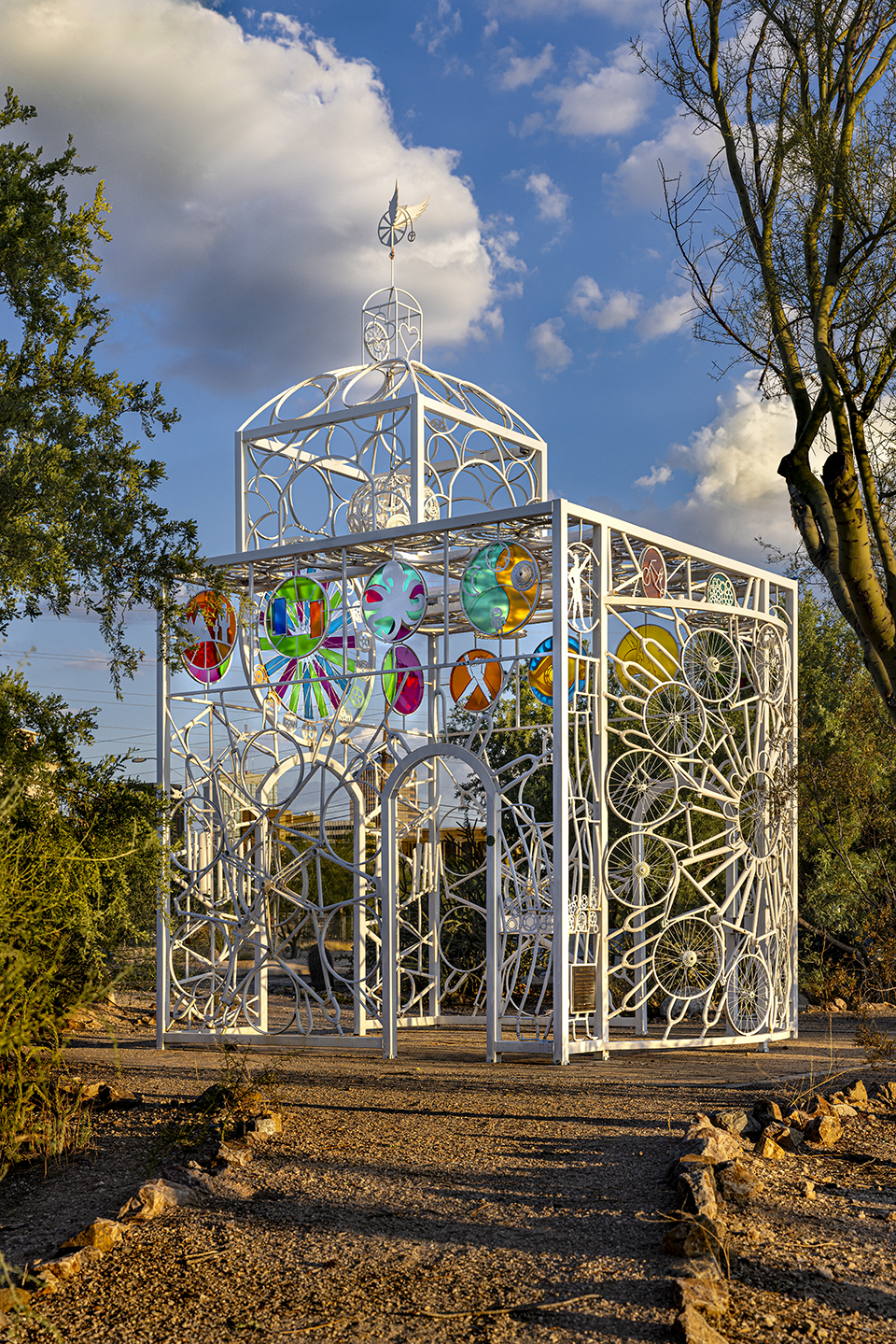 The "Bike Church" in Tucson's Barrio Anita is a construct made from bicycle parts painted white and stained glass. By Steven Meckler