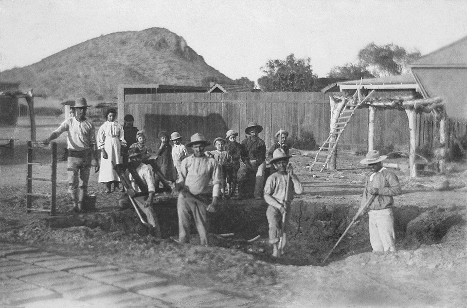 Residents of Tempe’s San Pablo neighborhood make adobe bricks for an unknown construction project. This photo likely was made around the turn of the 20th century. | Tempe History Museum