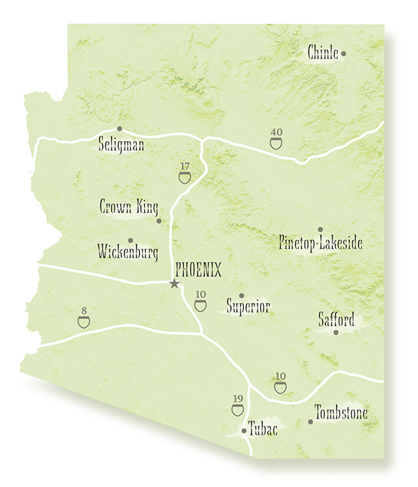 Map of Arizona showing the location of the ten small towns featured in the May 2026 issue of Arizona Highways is by Keith Whitney.