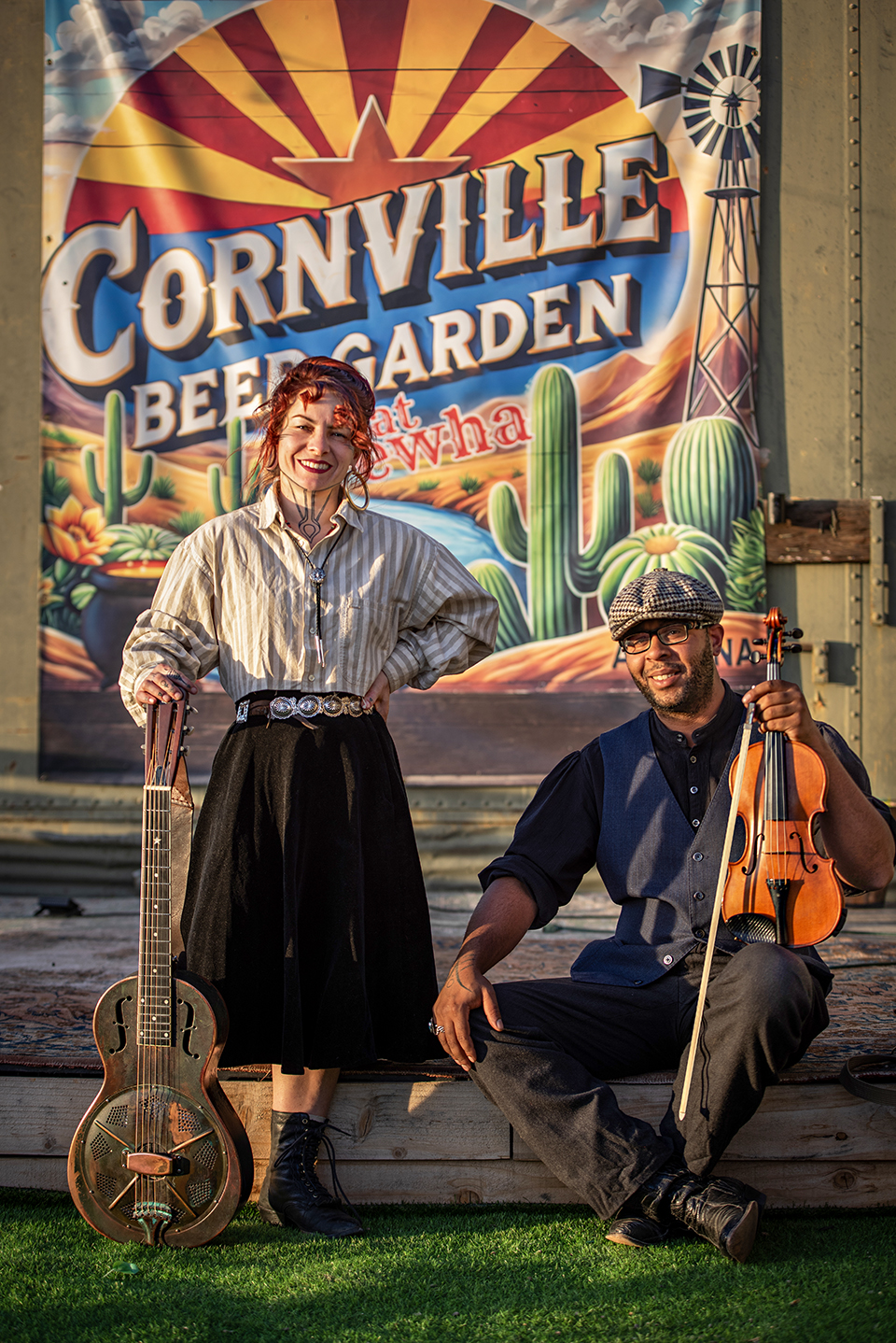 Musicians Aurelia Anne Cohen and Brice Clark warm up in the golden light before their set at Brewha Social Eatery & Market in Cornville, which sits at the gateway to Arizona wine country. | Karen Shell