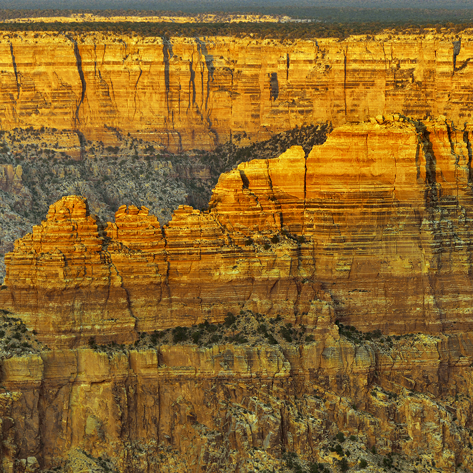 Sunset paints the strata of the Canyon in golden light in this view, looking east from Grandview Point. | WES TIMMERMAN