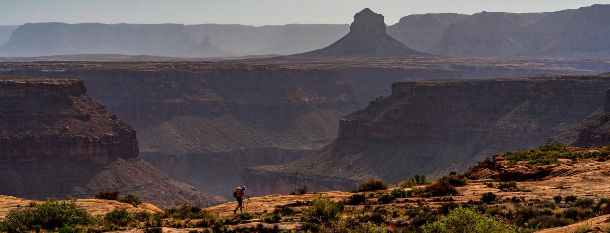 A hiker traverses a section of the Tuckup Trail.