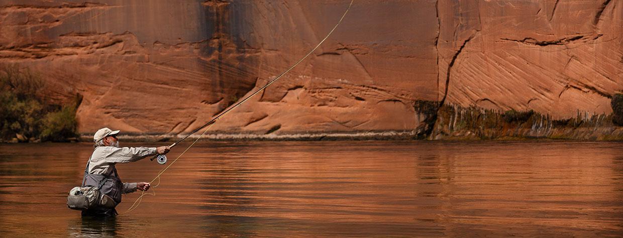 Dave Foster casts up and across the Colorado River at Long Bar. Photograph by Scott Baxter.