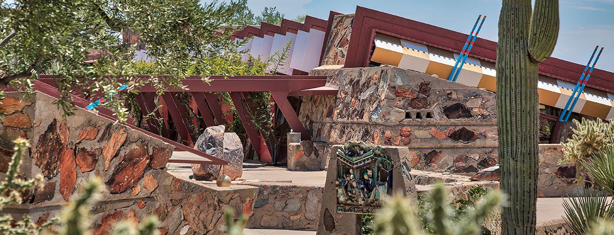 Exterior of a building at Taliesin Institute, constructed with local desert rocks. Photograph by Andrew Pielage.