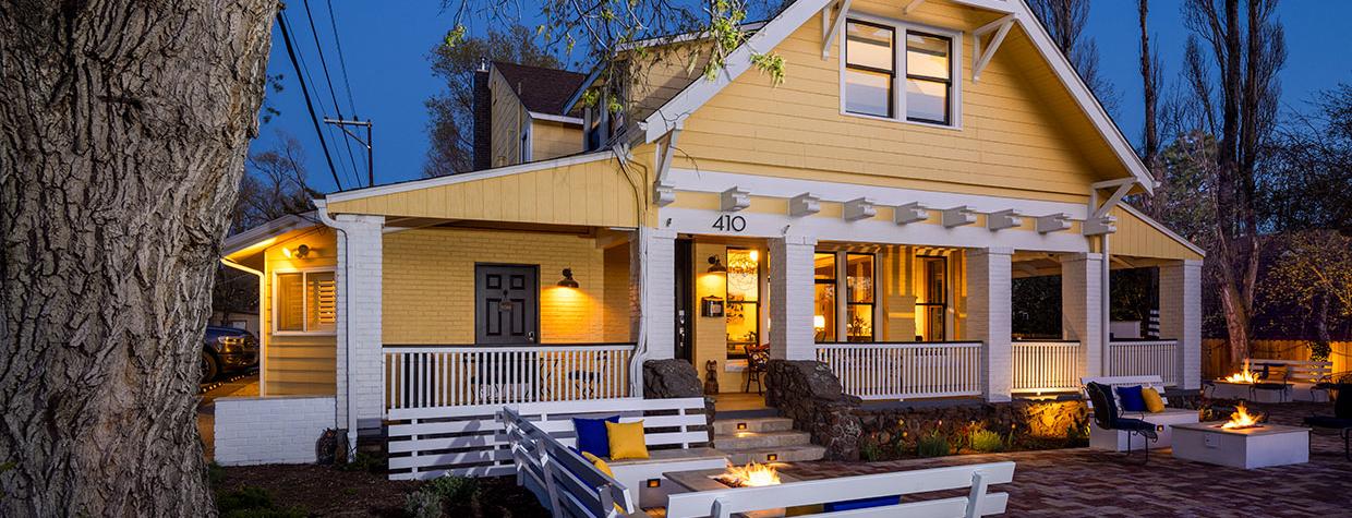 Night time exterior of the Bespoke Inn in Flasgataff. Photograph by John Burcham.