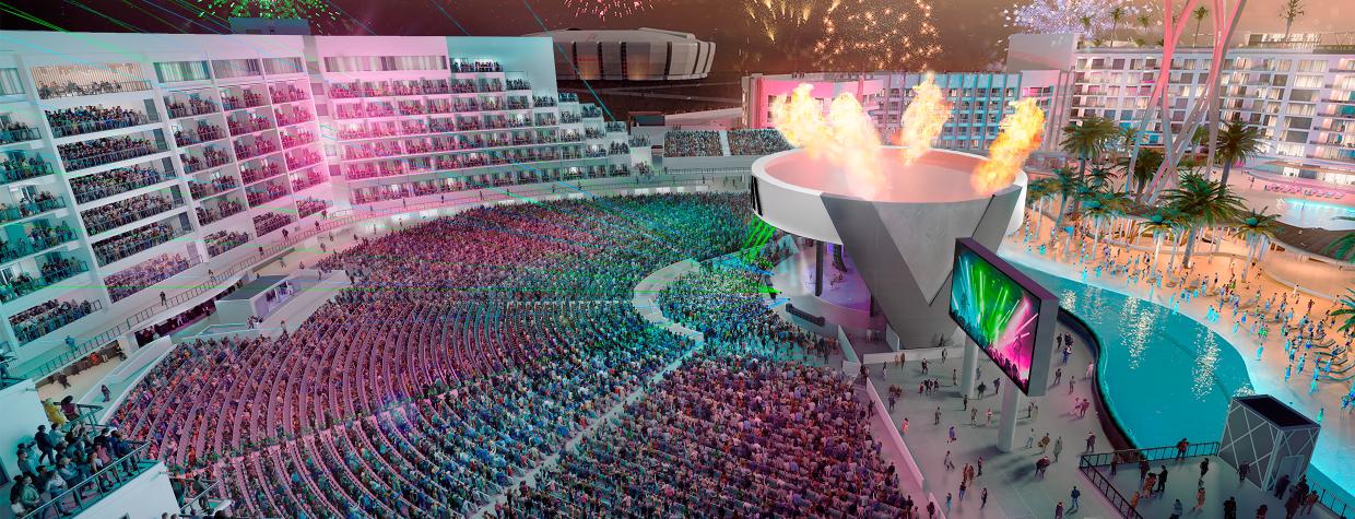 A brightly colored rendering depicts a massive amphitheater with a flame pit, fireworks and bright lights