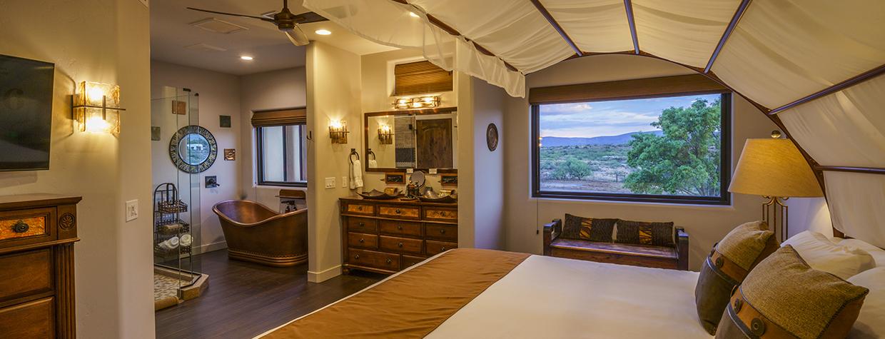 Interior of room at Origins B and B, showing bath, vanity and sleeping areas. By Laurence Parent