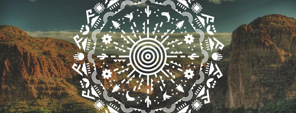 A white image that incorporates native imagery appears against a background of sky, water and mountains. 