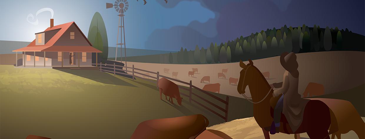 Illustration of mounted cowboy looking over herd toward ranch house as storm clouds roll in. By Kim Johnson