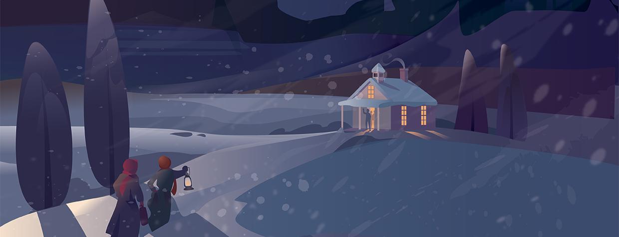 Two women make their way through a snowstorm at night to a warmly lit cabin. Illustration by Kim Johnson