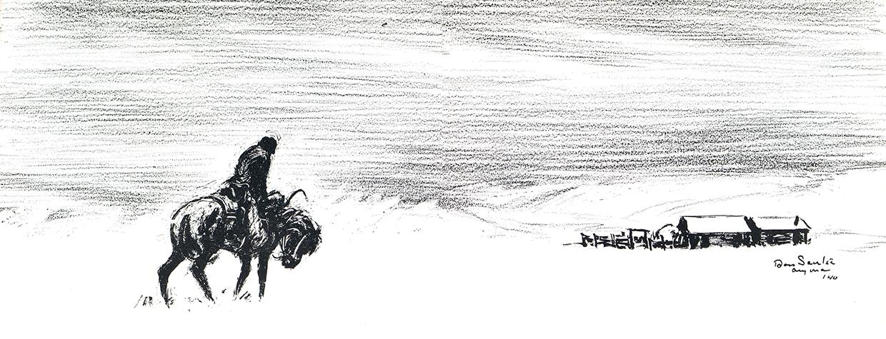Black and white illustration by Ross Santee of lone horseback rider heading toward a distant ranch in a snowy, desolate landscape.