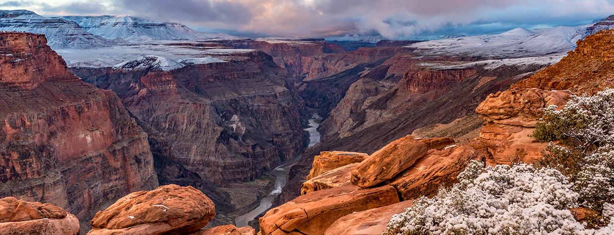 A dusting of snow covers the upper reaches of the Grand Canyon in a view from Toroweap Overlook, accessible via a long, rough dirt road on the North Rim. By Rich Rudow