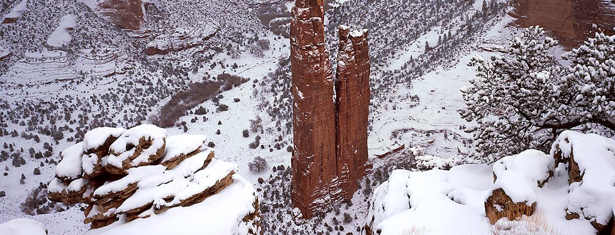 Heavy snow covers the summit of Spider Rock and the surrounding landscape of the Navajo Nation’s Canyon de Chelly National Monument. By Claire Curran