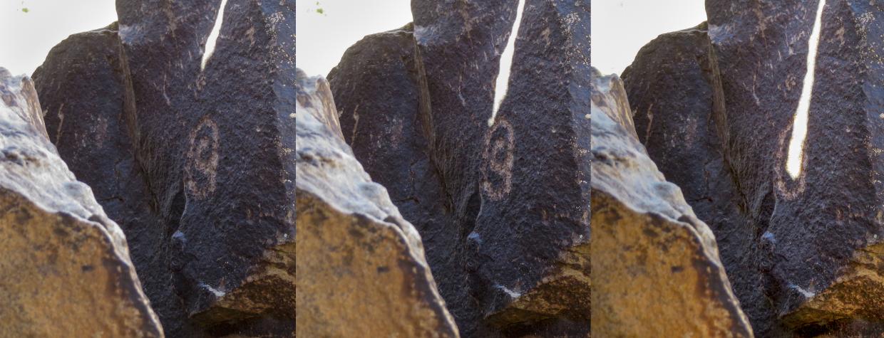 This sequence of photos shows how a sliver of sunlight interacts with a petroglyph at Puerco Pueblo, part of Petrified Forest National Park, during the summer solstice. There are numerous such solstice markers in the park. Photos courtesy National Park Service