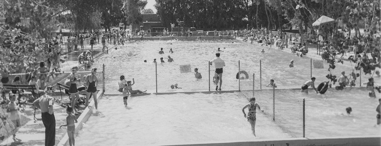 Swimmers enjoy the Tempe Beach pool in 1943, 20 years after it opened. wimmers enjoy the Tempe Beach pool in 1943, 20 years after it opened. The pool lacked a filtration system and other modern amenities, but it remained a community gathering place for decades. | TEMPE HISTORY MUSEUM