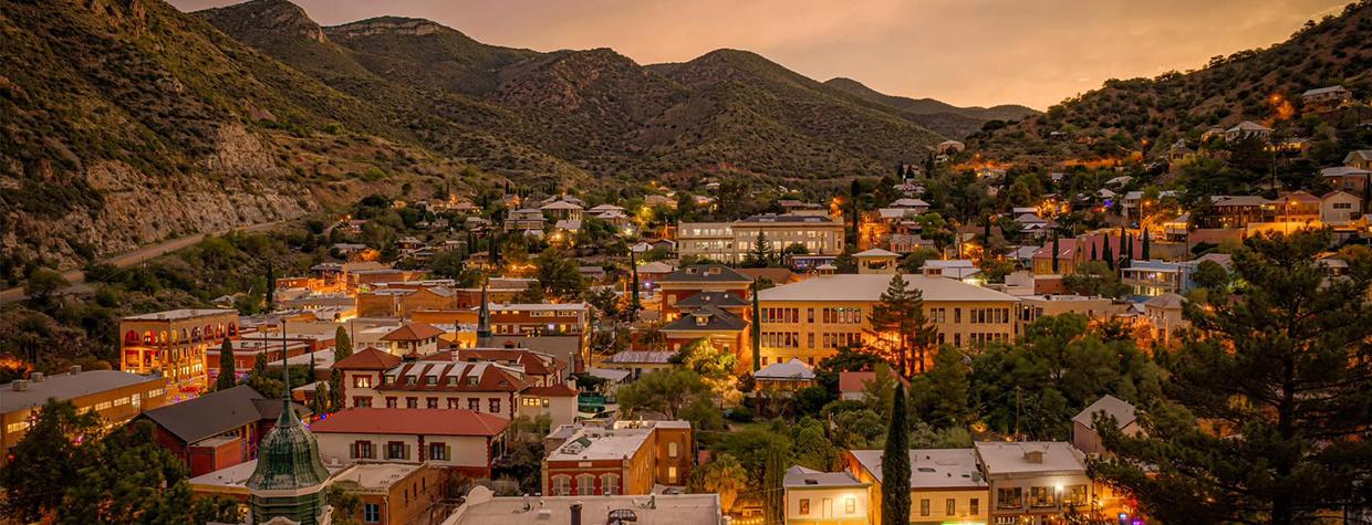 This westward-looking overview of Bisbee matches the warm glow of sunset.