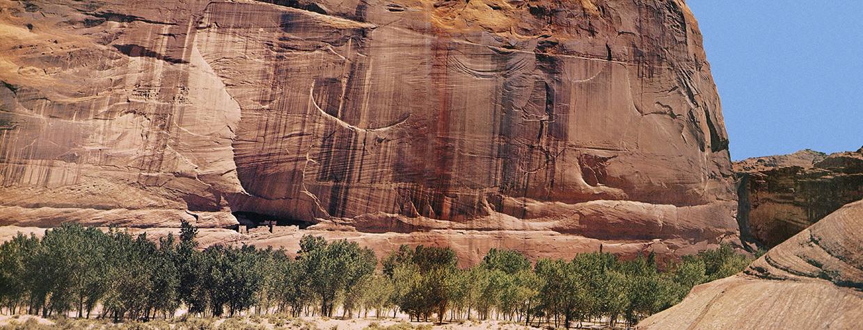An imposing cliff at Canyon de Chelly dwarfs an equine-drawn wagon at the bottom of the canyon. According to  the National Park Service, about 40 Navajo families still live at Canyon de Chelly National Monument. By Darwin Van Campen